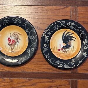 Rooster Design Dinner Plates - Black and Brown